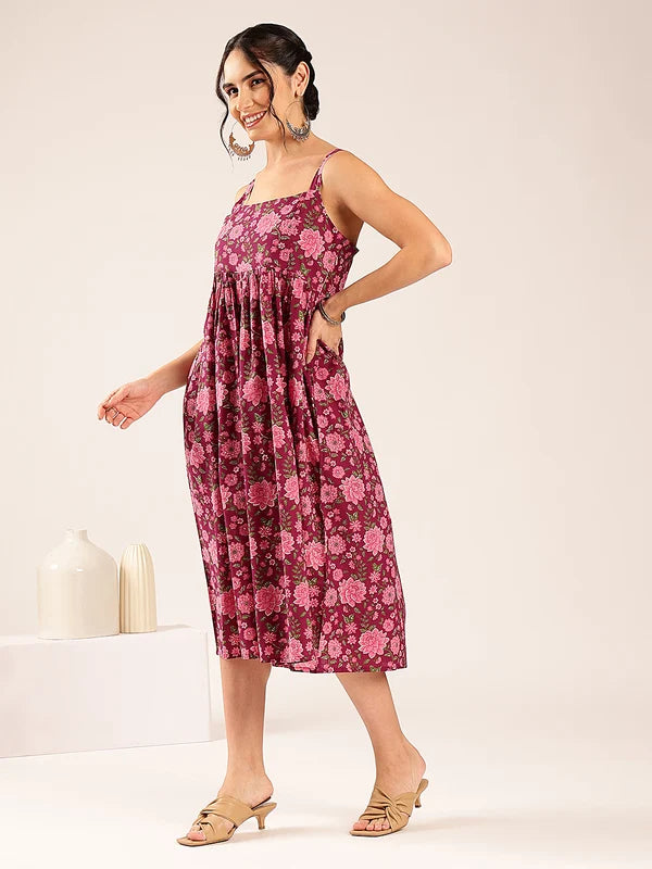 Magenta Floral Flared Cotton Midi Dress
