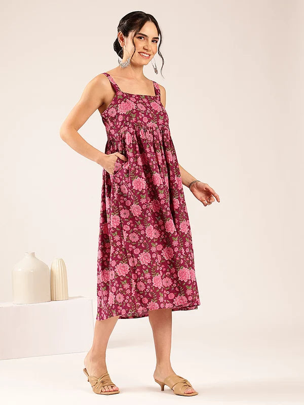 Magenta Floral Flared Cotton Midi Dress