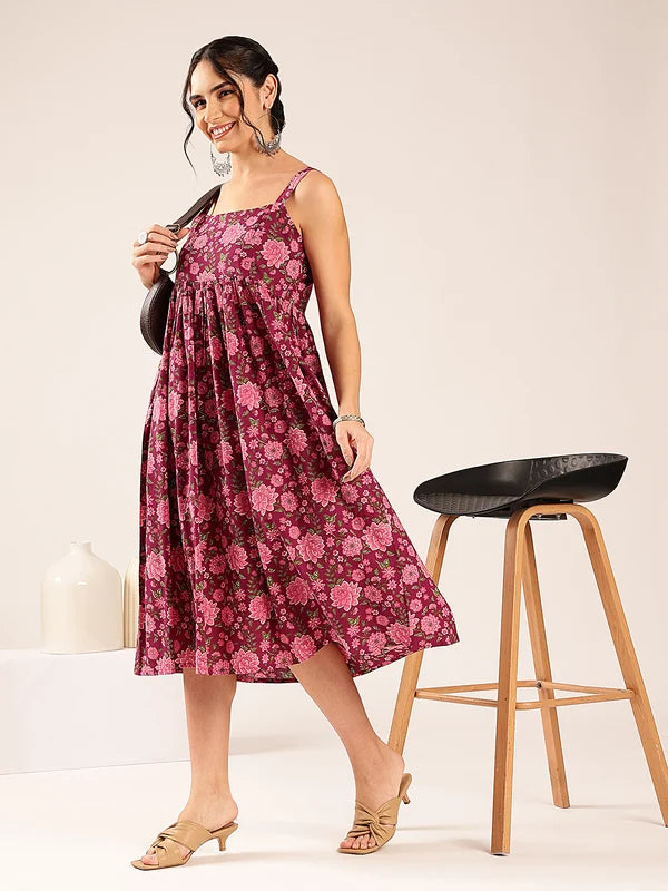 Women’s magenta floral flared cotton midi dress with spaghetti straps