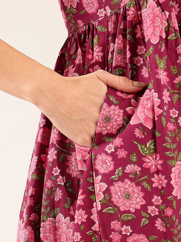 Magenta Floral Flared Cotton Midi Dress