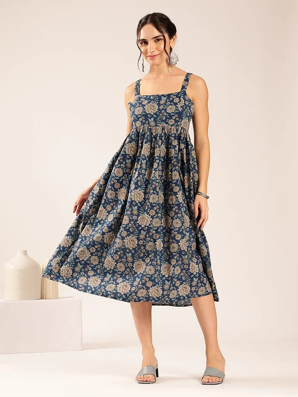 Magenta Floral Flared Cotton Midi Dress