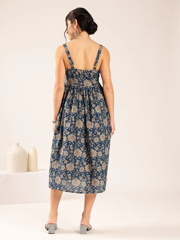 Magenta Floral Flared Cotton Midi Dress