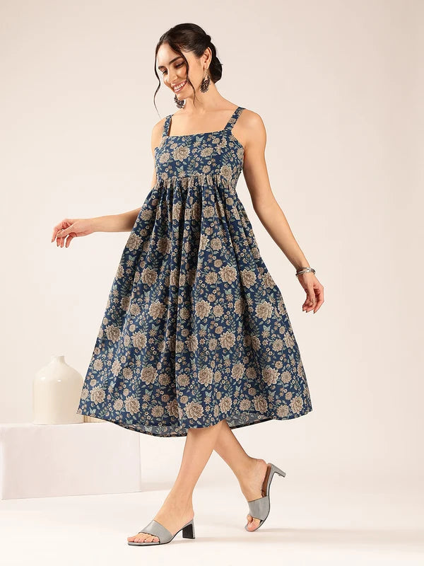 Magenta Floral Flared Cotton Midi Dress
