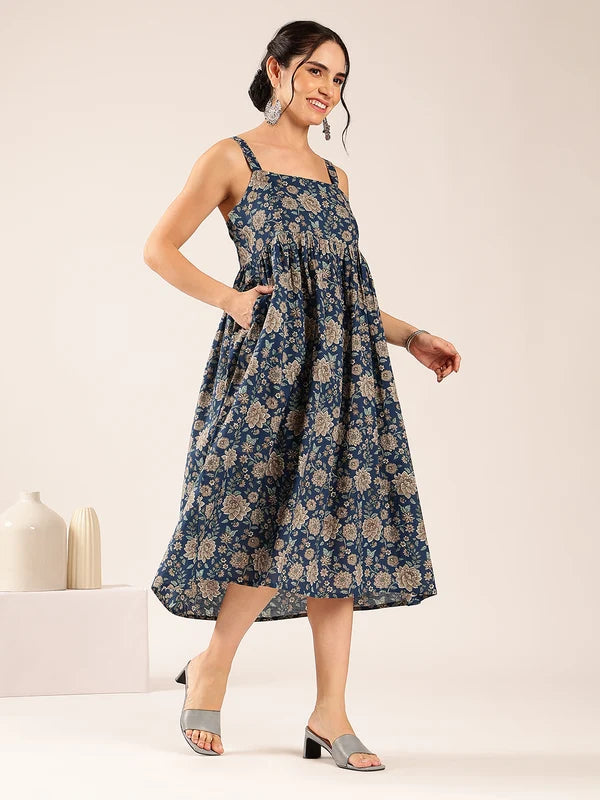 Women’s Tale blue floral flared cotton midi dress with spaghetti straps
