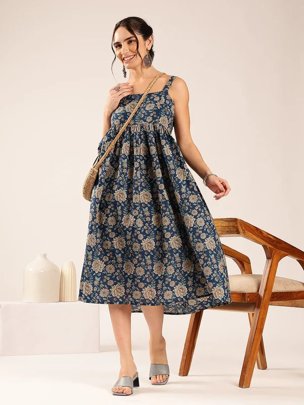 Magenta Floral Flared Cotton Midi Dress