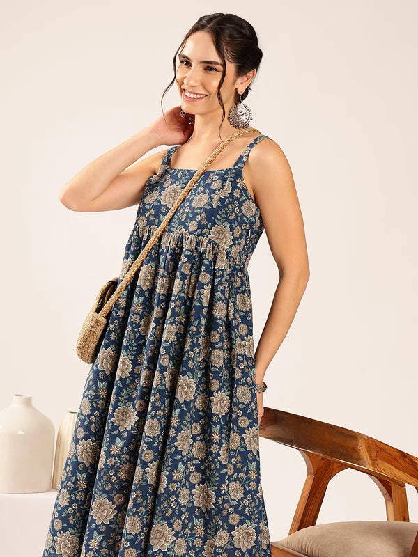 Magenta Floral Flared Cotton Midi Dress