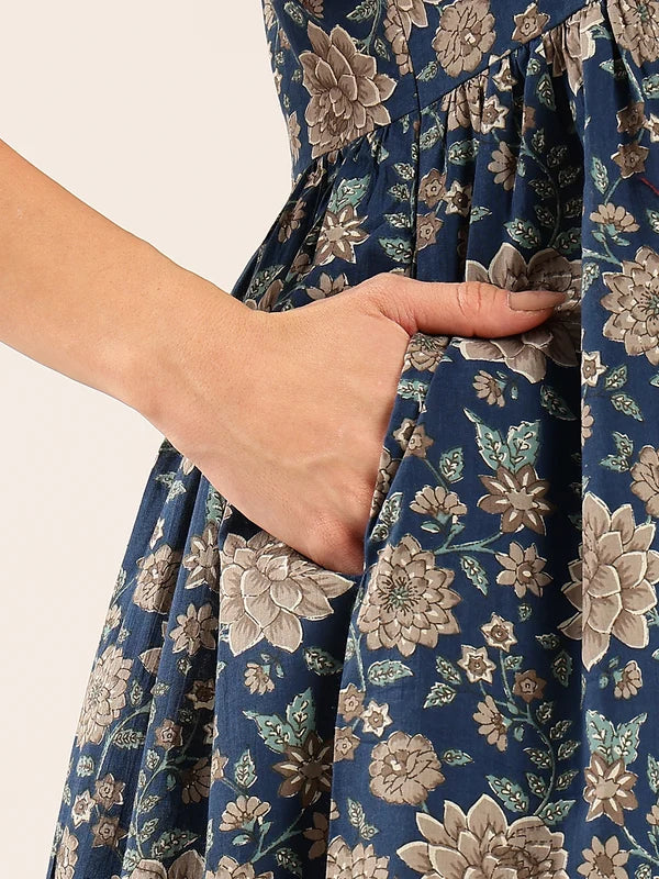 Magenta Floral Flared Cotton Midi Dress
