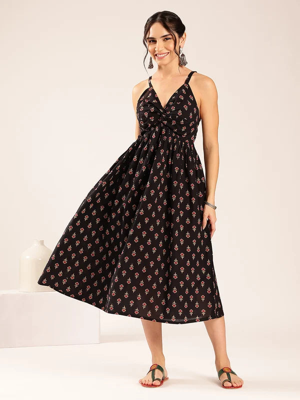 Women’s black floral flared cotton midi dress with spaghetti straps