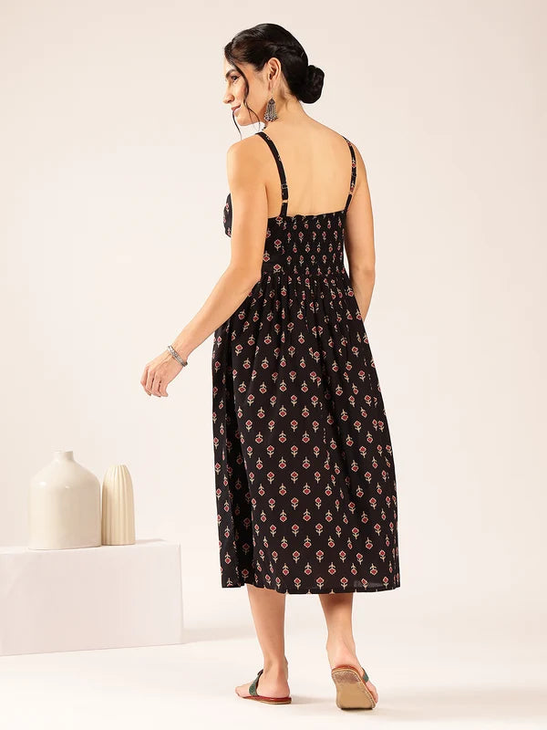 Blue Floral Flared Cotton Midi Dress with Spaghetti Straps
