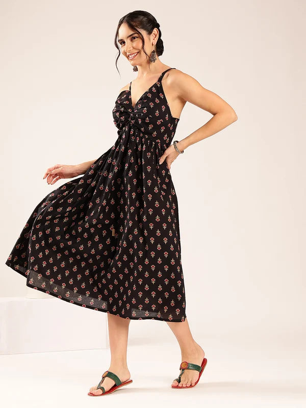 Blue Floral Flared Cotton Midi Dress with Spaghetti Straps