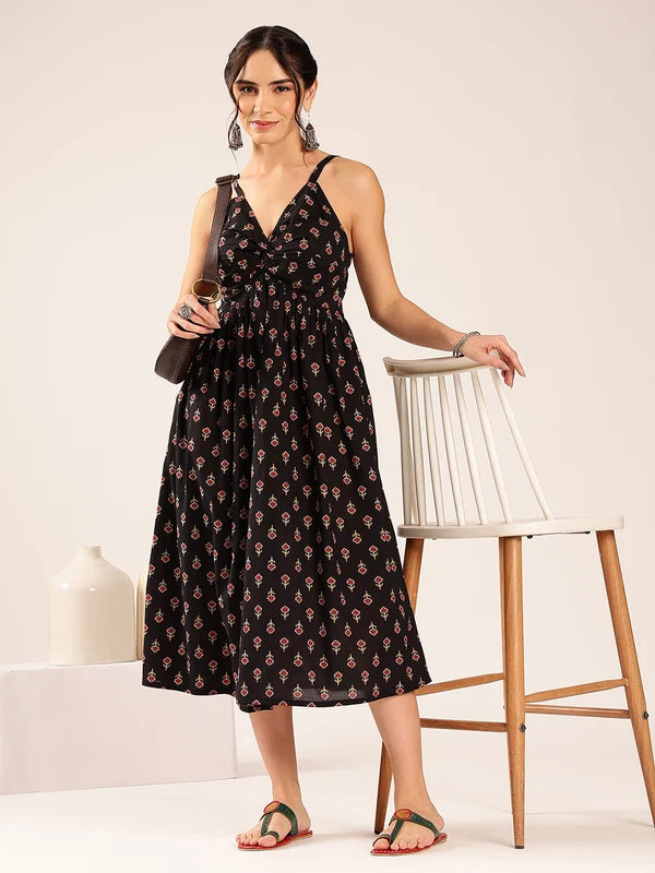 Blue Floral Flared Cotton Midi Dress with Spaghetti Straps