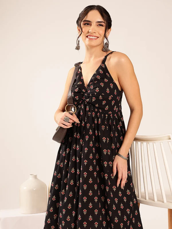Blue Floral Flared Cotton Midi Dress with Spaghetti Straps