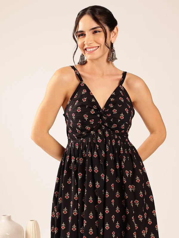 Blue Floral Flared Cotton Midi Dress with Spaghetti Straps