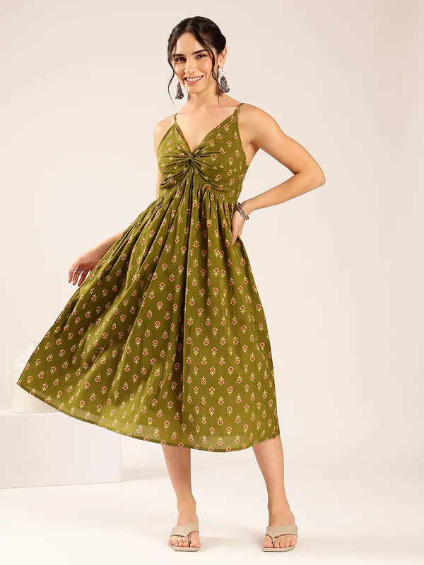 Women’s Olive Green floral flared cotton midi dress with spaghetti straps
