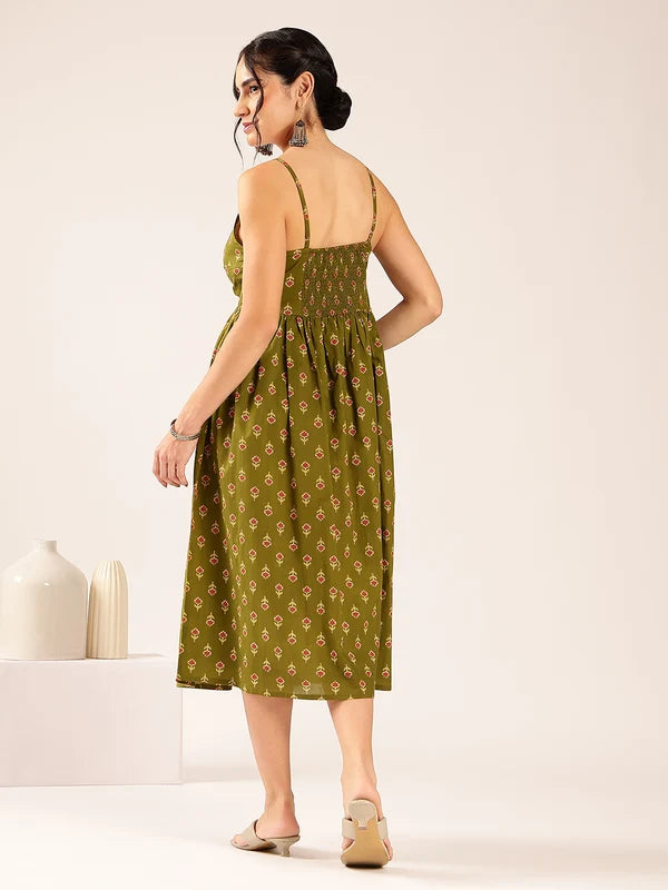 Blue Floral Flared Cotton Midi Dress with Spaghetti Straps