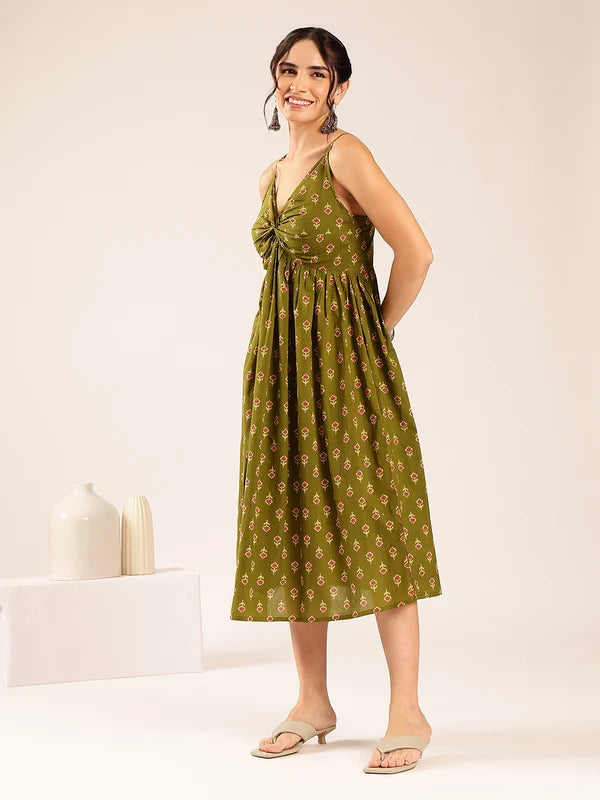 Blue Floral Flared Cotton Midi Dress with Spaghetti Straps
