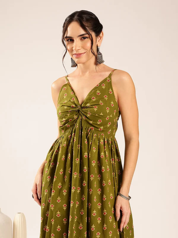 Blue Floral Flared Cotton Midi Dress with Spaghetti Straps