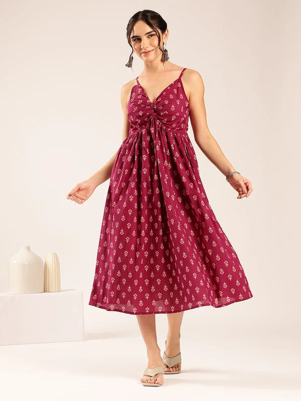 Women’s maroon floral flared cotton midi dress with spaghetti straps
