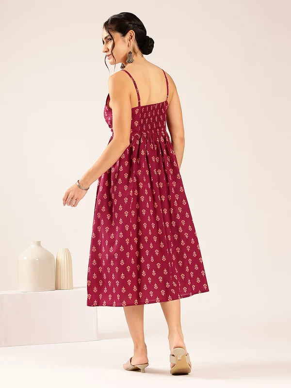 Blue Floral Flared Cotton Midi Dress with Spaghetti Straps