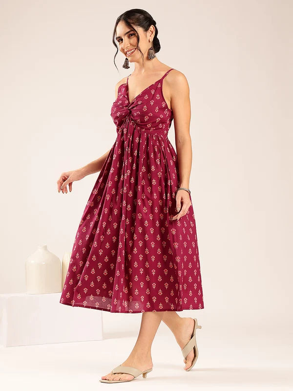 Blue Floral Flared Cotton Midi Dress with Spaghetti Straps