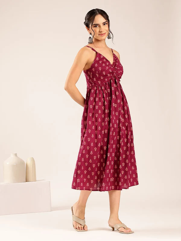 Blue Floral Flared Cotton Midi Dress with Spaghetti Straps