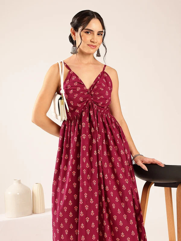 Blue Floral Flared Cotton Midi Dress with Spaghetti Straps