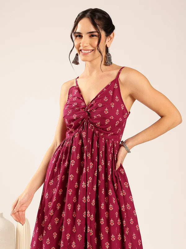 Blue Floral Flared Cotton Midi Dress with Spaghetti Straps