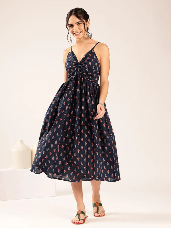 Women’s blue floral flared cotton midi dress with spaghetti straps
