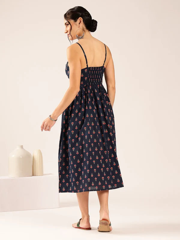 Blue Floral Flared Cotton Midi Dress with Spaghetti Straps
