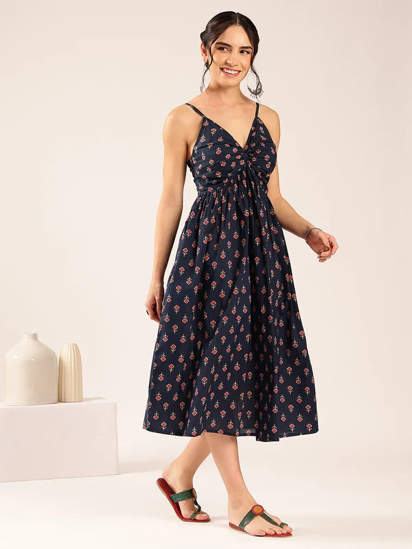 Blue Floral Flared Cotton Midi Dress with Spaghetti Straps