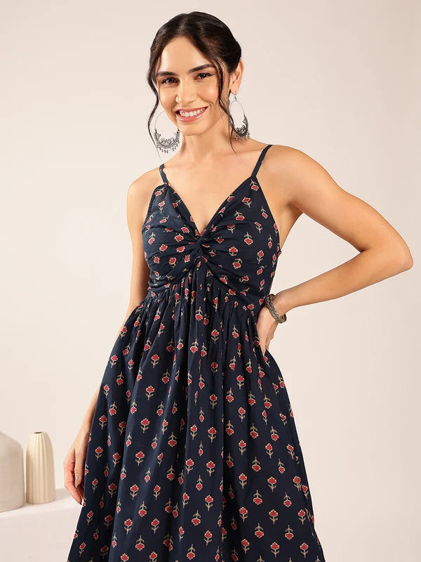 Blue Floral Flared Cotton Midi Dress with Spaghetti Straps