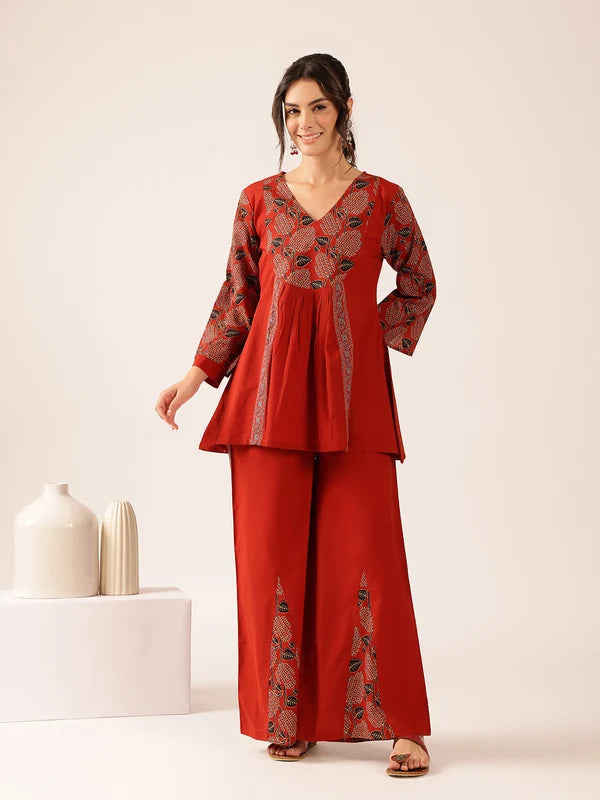 Maroon printed cotton co-ord set for women with yoke design A-line top and wide-leg pants