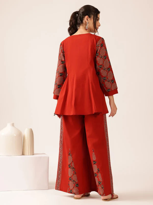 Navy Blue Yoke Design A-Line Cotton Stitched Co-Ord Set