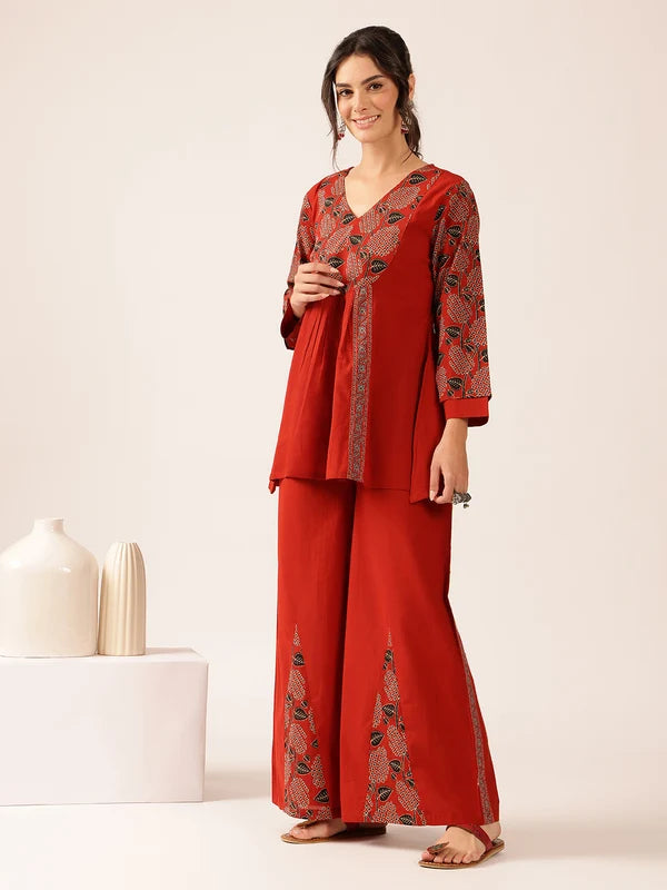 Navy Blue Yoke Design A-Line Cotton Stitched Co-Ord Set