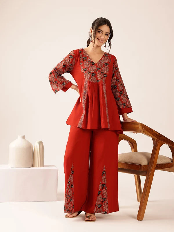 Navy Blue Yoke Design A-Line Cotton Stitched Co-Ord Set