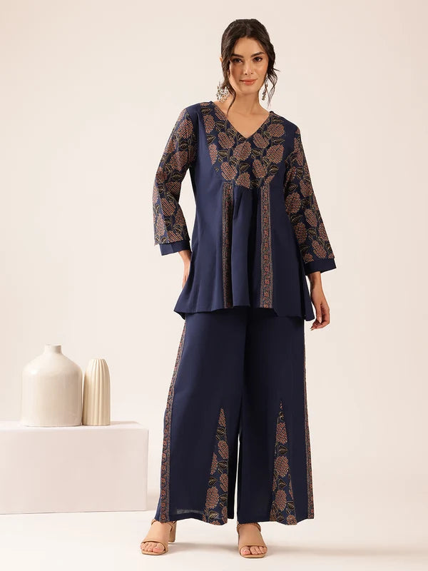 Navy blue printed cotton co-ord set for women with yoke design A-line top and wide-leg pants