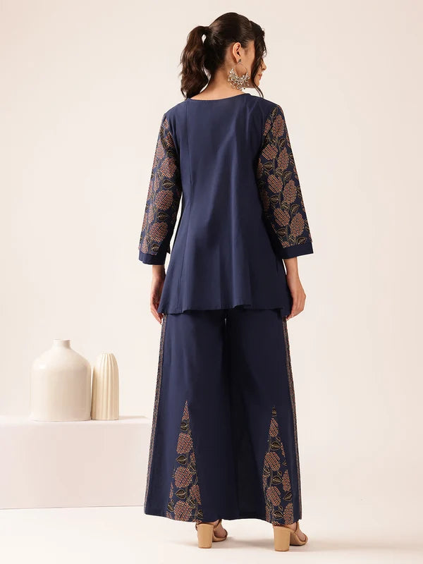 Navy Blue Yoke Design A-Line Cotton Stitched Co-Ord Set