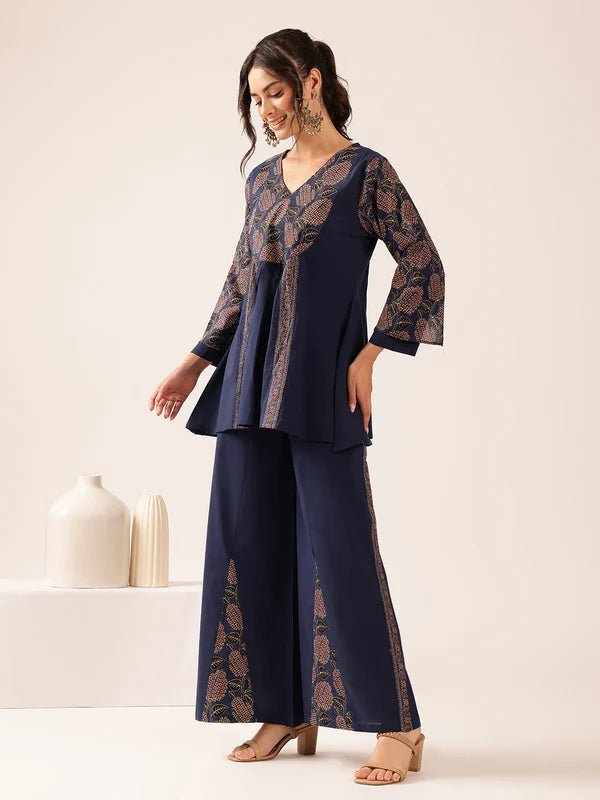 Navy Blue Yoke Design A-Line Cotton Stitched Co-Ord Set