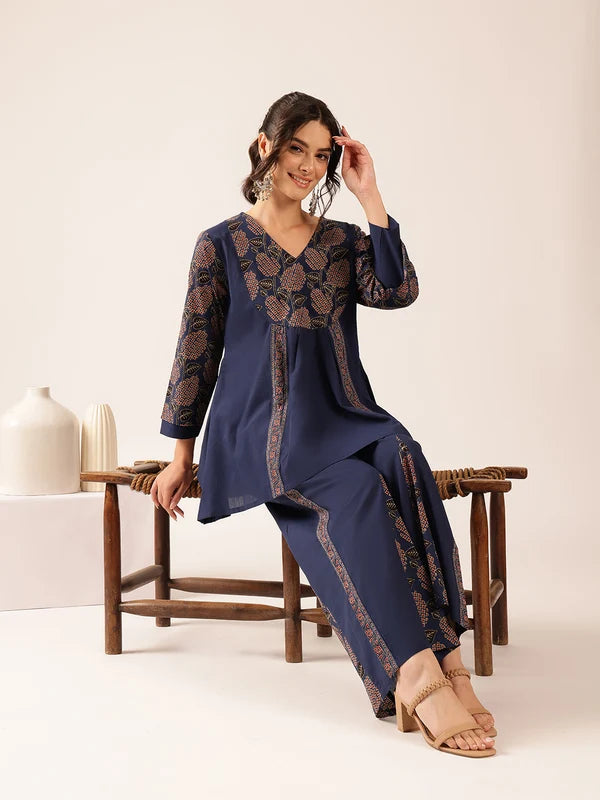Navy Blue Yoke Design A-Line Cotton Stitched Co-Ord Set