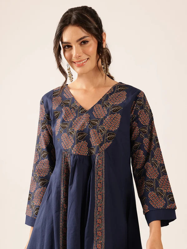 Navy Blue Yoke Design A-Line Cotton Stitched Co-Ord Set