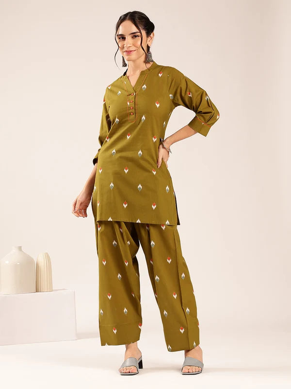 Olive green Ikkat printed cotton kurta set for women with straight kurti and palazzo pants