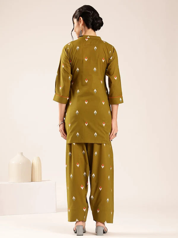 Olive Green Ikkat Printed Cotton Kurta Set