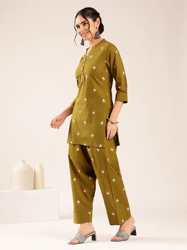 Olive Green Ikkat Printed Cotton Kurta Set