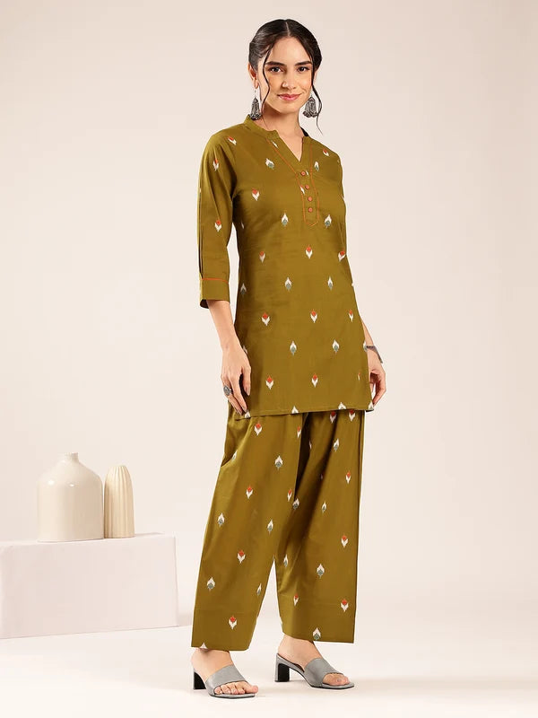 Olive Green Ikkat Printed Cotton Kurta Set