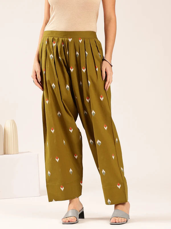 Olive Green Ikkat Printed Cotton Kurta Set