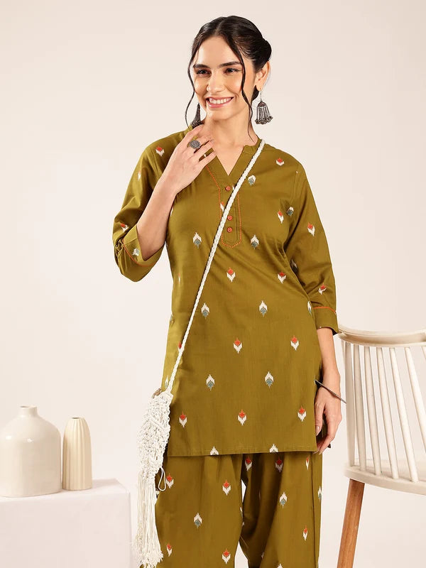Olive Green Ikkat Printed Cotton Kurta Set