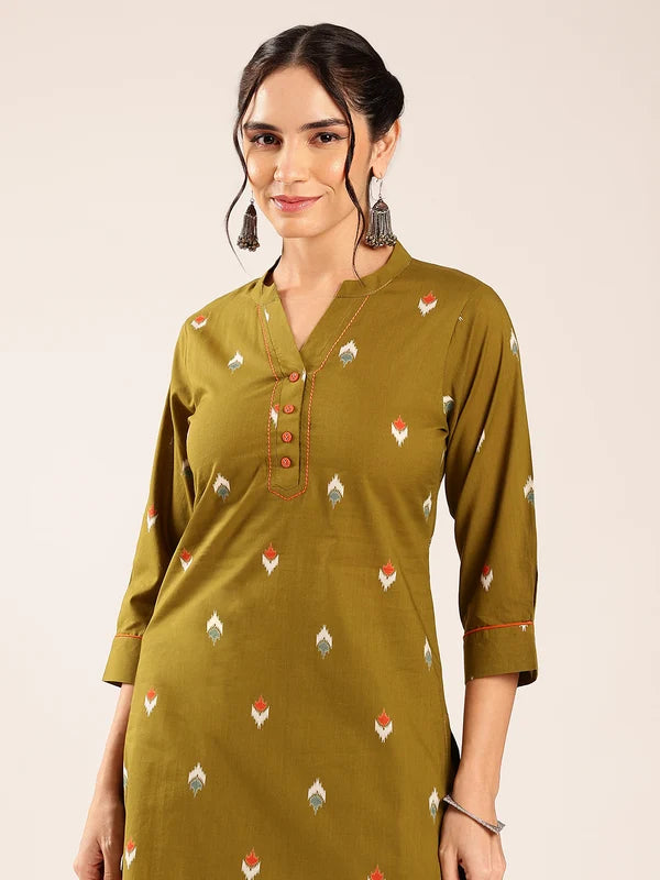 Olive Green Ikkat Printed Cotton Kurta Set
