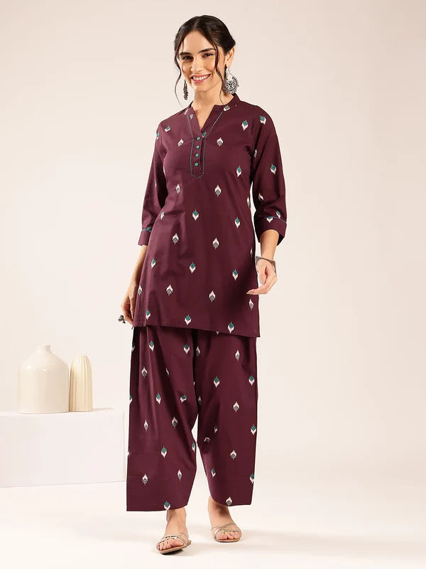 Burgundy Ikkat printed cotton kurta set for women with straight kurti and palazzo pants