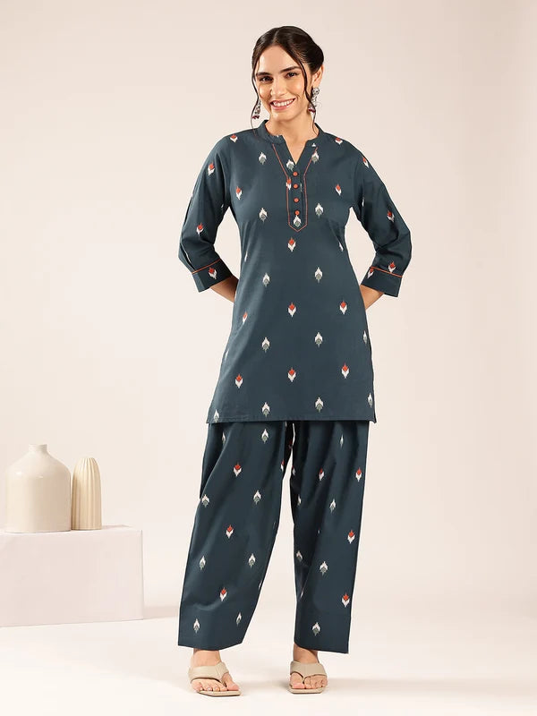 Teal  Ikkat printed cotton kurta set for women with straight kurti and palazzo pants