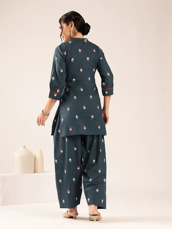 Olive Green Ikkat Printed Cotton Kurta Set